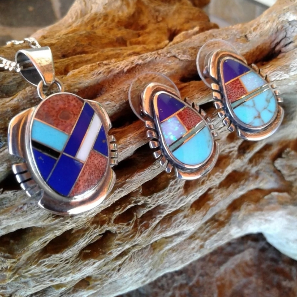 Sterling Silver multi inlay necklace set